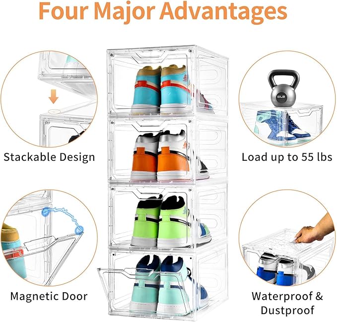 12 Pack Thicken & Sturdy Clear Shoe Storage Organizer with Magnetic Door, Shoe Boxes Clear Plastic Stackable for Closet, Shoe Rack for Sneaker Boot Container, Shoe Cabinet Fit up to US Size 12