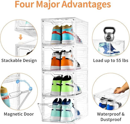 12 Pack Thicken & Sturdy Clear Shoe Storage Organizer with Magnetic Door, Shoe Boxes Clear Plastic Stackable for Closet, Shoe Rack for Sneaker Boot Container, Shoe Cabinet Fit up to US Size 12