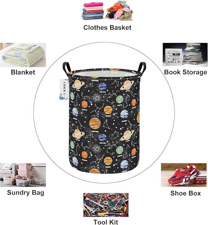 Kids Laundry Hamper, Large Collapsible Round Solar System Space Themed Laundry Basket, Waterproof Fabric Planets Organizer with Handles for Boys Bedroom Nursery Playroom
