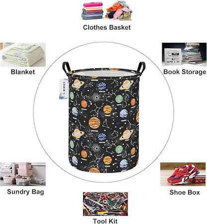 Kids Laundry Hamper, Large Collapsible Round Solar System Space Themed Laundry Basket, Waterproof Fabric Planets Organizer with Handles for Boys Bedroom Nursery Playroom