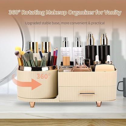 Beborxue 360° Rotating Makeup Organizer for Vanity with Drawers, Large Capacity Cosmetic Display Case, skincare organizer, Cosmetic Organizer for Lipstick, Skincare, Brushes, Eyeshadow, (Rice White)