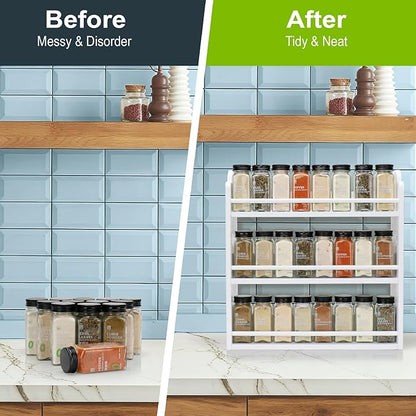 3 Tier Bamboo Spice Rack, Spice Rack Organizer, Seasoning Jars Rack Shelf Spice Organizer for Kitchen Counter or Wall Mounting, Spice Storage Holder with handles, Jars Not Included, White