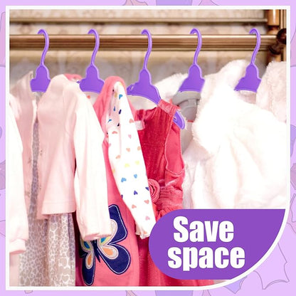 Soulchen 50 Pcs Doll Clothes Hangers for 18 Inch Dolls, Purple Plastic Clothes Hangers with Non-Slip Clips, Space-Saving Wardrobe Accessories for Gown Dress Outfit