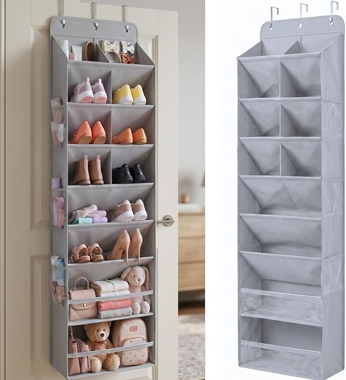 HOMELUX THEORY 8 Tiers Over The Door Shoe Organizer - 100D Extra Thick Shoe Rack for Closet, 6 Deep Side Pockets Shoe Rack for Entryway & Hanging Shoe Organizer for Closet for Boots (V2, Light Gray)