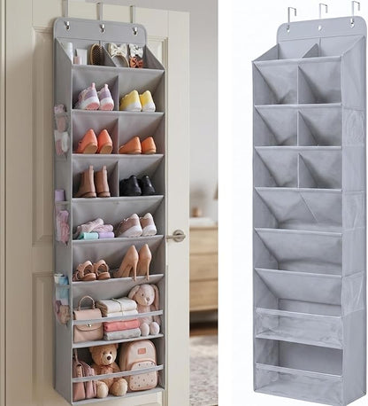 HOMELUX THEORY 8 Tiers Over The Door Shoe Organizer - 100D Extra Thick Shoe Rack for Closet, 6 Deep Side Pockets Shoe Rack for Entryway & Hanging Shoe Organizer for Closet for Boots (V2, Light Gray)
