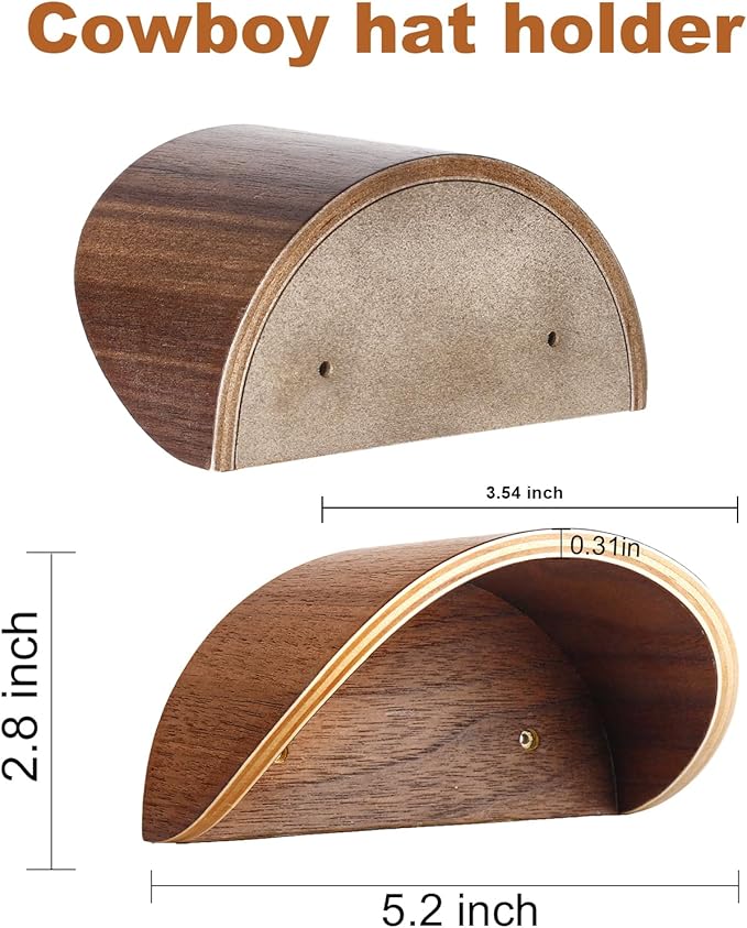 Cowboy Hat Rack for Wall,2 Pack Walnut Wood Hat Holder on Wall, Satin Finish Hat Hooks,Non-Damage Brim Design Can Keeps Original Shape of Hat, for Western Hat Organizer