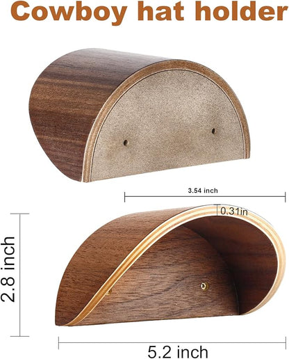 Cowboy Hat Rack for Wall,2 Pack Walnut Wood Hat Holder on Wall, Satin Finish Hat Hooks,Non-Damage Brim Design Can Keeps Original Shape of Hat, for Western Hat Organizer