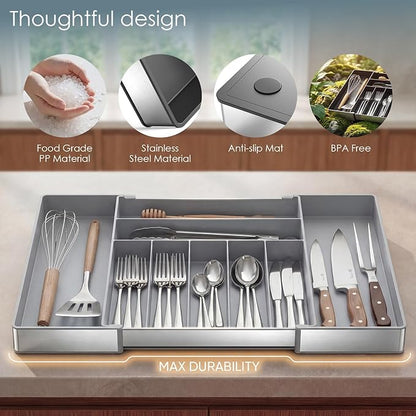 Heavy Duty Stainless Steel Frame Silverware Organizer with Plastic Body, Extra Large Silverware Drawer Organizer, 9 Slot Expandable Kitchen Drawer Organizer, 8 Non-Slip Feet Included, BPA Free, Gray