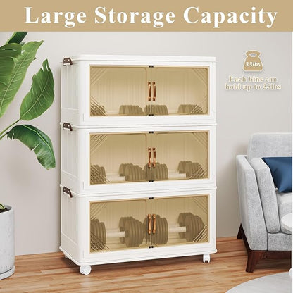 Storage Bins with Lid, 83 Gal/333 Qt Capacity, 3 Pack Large Stackable Storage Bins with Lid, White Collapsible Storage Bins with Wheels, Foldable, Customizable, for Home Office Organization
