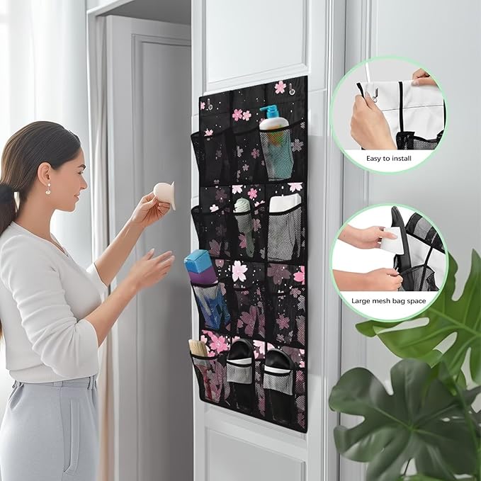 Extra Large Door Organizer with 12 Mesh Pockets, Storage Hanging Bag Behind the Door for Shoes Toys Cleaning Supplies, Cherry Blossom