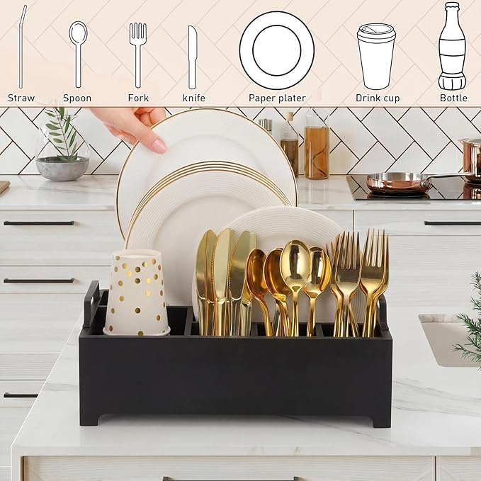 LemonRoad Wood Paper Plate Dispenser Rustic Silverware Utensil Caddy Cutlery Flatware Organizer with Handles 6 Compartments for Countertop Party Picnic Camping Buffet Kitchen Accessories(Black)