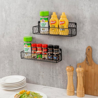MyGift 2 Pcs Spice Rack Wall Mount, Small Seasoning Shelf Organizer, 12-Inch Over the Stove Hanging Kitchen Condiment Basket Storage Display, Black Wire
