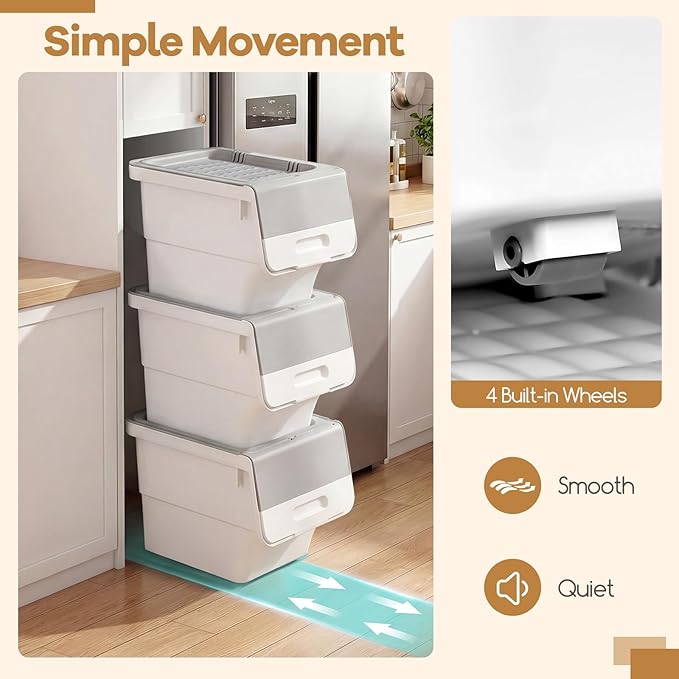Giantex Plastic Stackable Storage Bins with Lids & Wheels, 6 Pack Open Front Stacking Bins, Organizer Bins for Pantry, Kitchen, Laundry, Closet, Playroom, Bedroom Organization (35 QT)