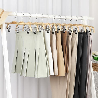 TOPIA HANGER Wooden Pants Hangers,Slim Natural Wood Skirt Hangers with Anti-Rust Hook and Adjustable Metal Clips, Perfect for Skirts, Pants, Slacks-20 Pack-CT17N20