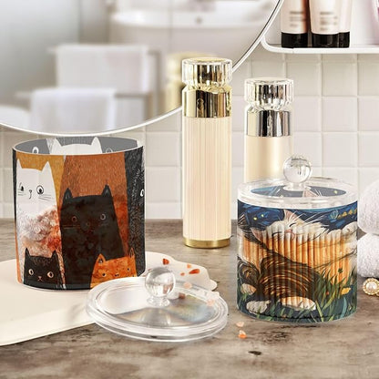 2 Pack Qtip Dispenser Apothecary Jars with Lids Cotton Round Holder Bathroom Canisters for Cotton Swab Floss Ball Pads Clear Plastic Decorative Cat and Starry Night Ragdoll