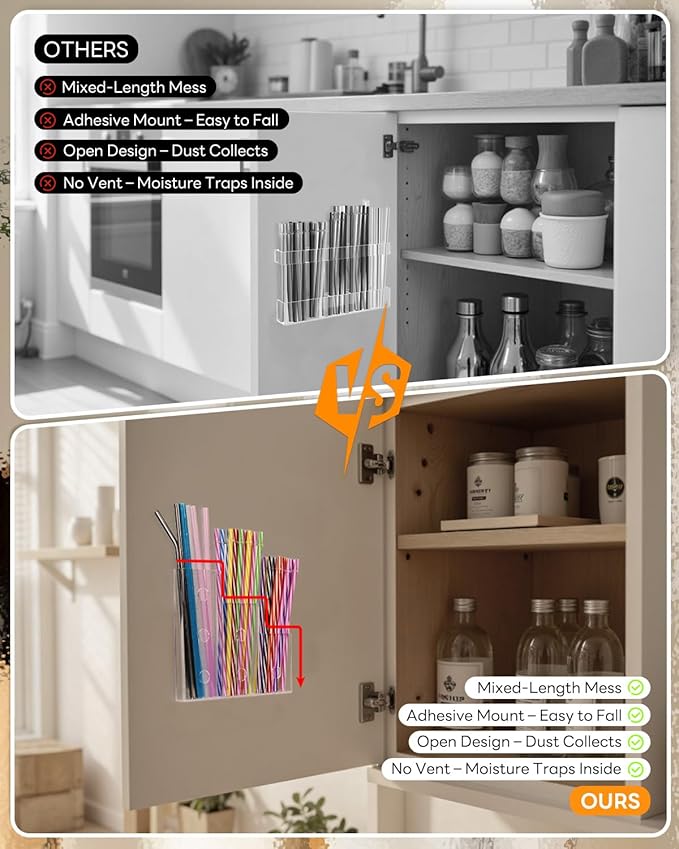9" Straw Holder for Cabinet Door–Acrylic Straw Organizer with Height Dividers, Wall Mounted Kitchen Accessories Container Storage Inside Cupboard Cabinet Door, Easy Install with Adhesive Strips