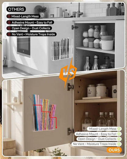 9" Straw Holder for Cabinet Door–Acrylic Straw Organizer with Height Dividers, Wall Mounted Kitchen Accessories Container Storage Inside Cupboard Cabinet Door, Easy Install with Adhesive Strips