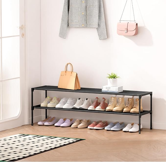 HITHIM 2 Tier Long Shoe Rack for Closet, Screw Fastened Plastic Connector Shoe Storage Organizer, Non-Woven Fabric Metal Shoe Shelf, Holds 18-21 Pairs for Front Door Entrance, 48.5"x12.1"x17.8"