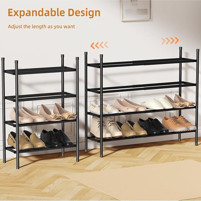Uneviesyka Expandable Shoe Rack Organizer,Adjustable and Stackable Shoe Storage Shelf,Heavy Duty Metal Small Shoe Rack for Closet Entryway Bedroom (Black, 4 Tier)