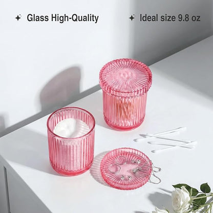 2 Pack Qtip Holder - Apothecary Jars with Lids, Bathroom Organizers and Storage Canister for Cotton Balls,Swabs,Floss Picks,Hair Ties,Clear Glass Vintage Bathroom Decor Jar Set (Pink)