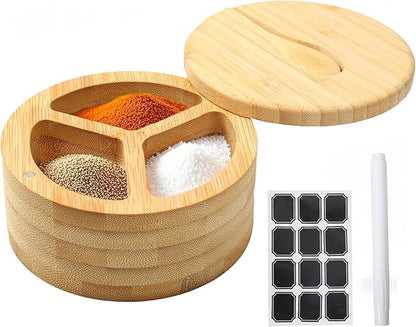 Salt Cellar - Salt Container Holder with Swivel Magnetic, 3 Compartment Salt Cellar with Lid and Spoon Holder, Wood Bowl Box, Salt and Pepper Bowls with Swivel Lid to Storage, 6OZ