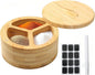 Salt Cellar - Salt Container Holder with Swivel Magnetic, 3 Compartment Salt Cellar with Lid and Spoon Holder, Wood Bowl Box, Salt and Pepper Bowls with Swivel Lid to Storage, 6OZ