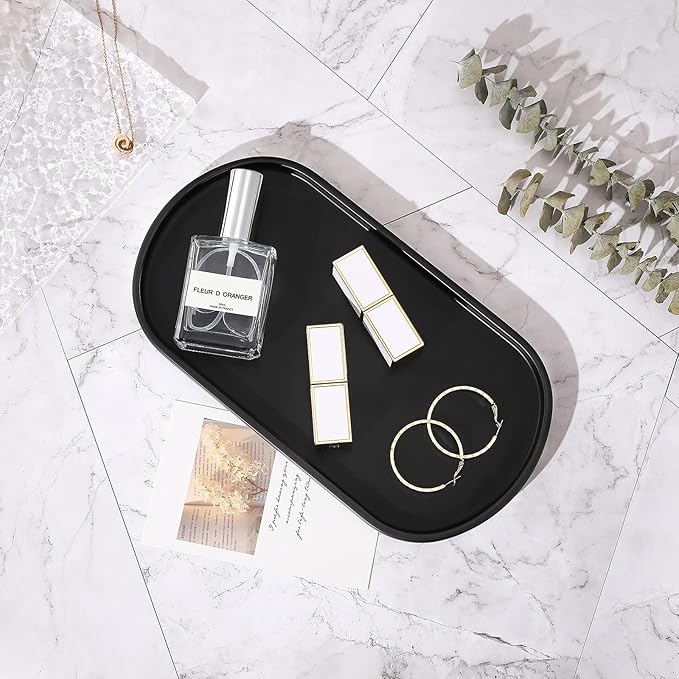 Emibele Bathroom Tray, Resin Oval Vanity Tray Countertop Organizer Toilet Tank Kitchen Decorative Jewelry Storage Tray for Perfume Candles Soap Towel Small Plant Home Decor, M, Matte Black
