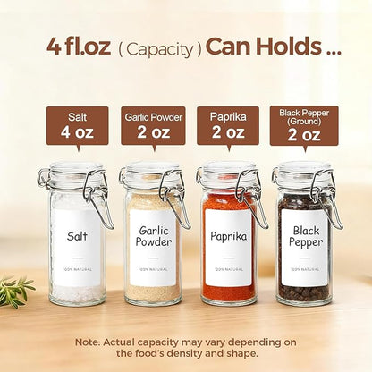 ComSaf 12 Pack 4 oz Glass Spice Jars with Airtight Swing Top Lids, Small Clear Containers for Pantry Organization, Herb Storage, DIY Crafts & Gifts - Complete Set Includes Funnel & Spice Labels