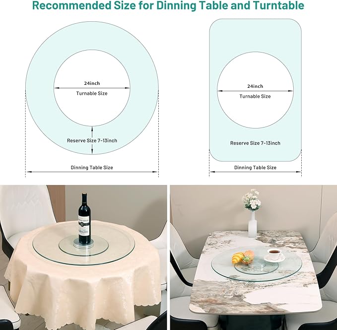 24" Tempered Glass Lazy Susan Turntable for Dining Table Large Tabletop 360° Rotating Tray Clear Serving Plate - Perfect for Family Gatherings, Banquets, and Weddings
