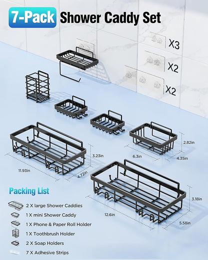 Shower Caddy 7 Pack, Adhesive Bathroom Shower Organizer for Bathroom Storage, No Drilling Large Capacity Rustproof Stainless Steel Shower Shelves Rack for Bath, Black