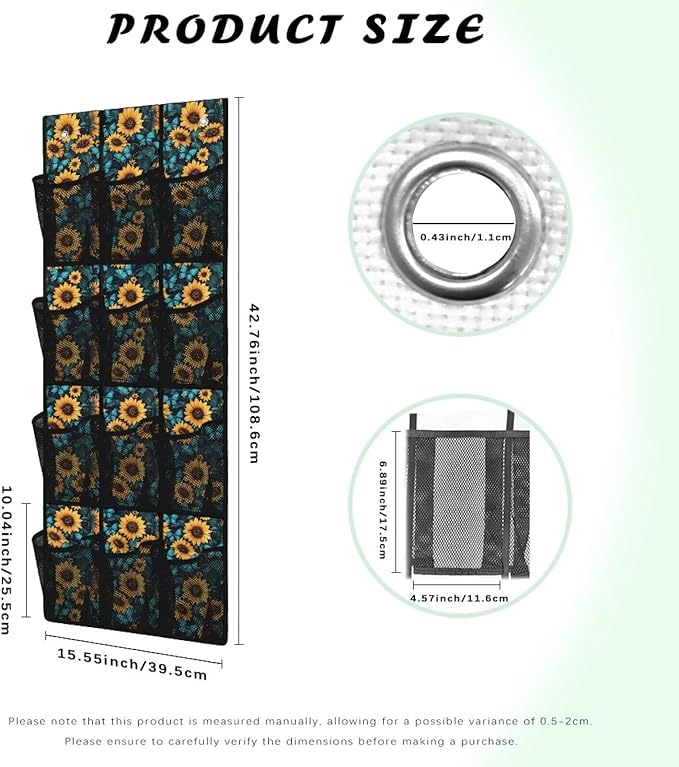 Sunflower Print Over the Door Shoe Organizer,Shoe Organizer Door Hanger with 12 Mesh Large Pockets,Space Saver,Storage for Small Spaces