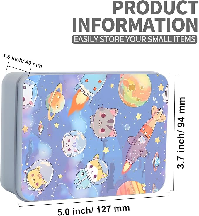 Metal Tin Box Sturdy Metal Storage Box with Lid, Large Container Holder for TCG Cards,Car Keys,Cookies,Tin Containers for Gift,5.0x3.7x1.6 Inch,Exquisite Pattern Design(Cartoon Cat)