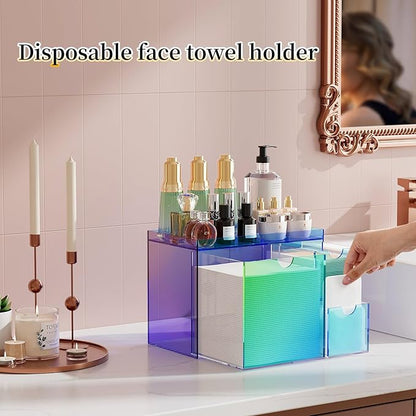 Youdepot Acrylic Face Towel Holder with Drawer – 4-Layer Disposable Face Towel Holder Organizer Box – Bathroom Countertop Storage for Cotton Pads, Swabs, and Skincare (Rainbow)