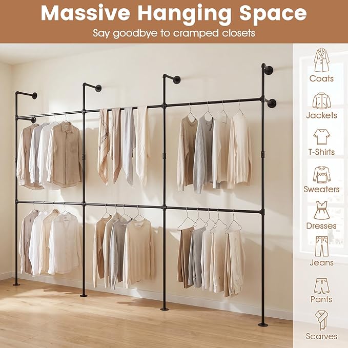 Giantex Industrial Pipe Clothing Rack, 118" Wall Mounted Heavy-Duty Metal Garment Organizer with 6 Hanging Rods, 2-Tier Walk-in Closet System for Wardrobe Closet, Retail Display