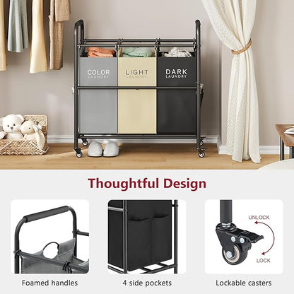 Tajsoon 3 Bag Laundry Sorter Cart, Laundry Hamper Sorter Basket with Heavy Duty Lockable Rolling Wheels for Clothes Storage, 3 Colors
