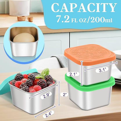 Qukaka Stainless Steel Snack Containers for Kids,7.2oz Easy Open Leak Proof Reusable Snack Box Container with Lids,Small Lunch Containers for Meal Prep,School,Picnic and Travel-3Pack