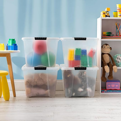 IRIS USA 54 Qt Stackable Plastic Storage Bins with Lids, 12 Pack - BPA-Free, Made in USA - See-Through Organizing Solution, Latches, Durable Nestable Containers, Secure Pull Handle - Clear