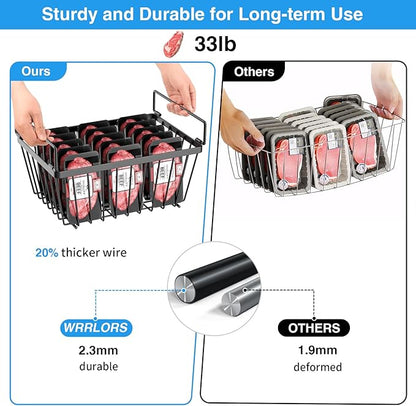 Freezer Organizers Bins with Folding Handles，4 Pack Stackable Upright Freezer Organizers Baskets for 5-7 Cu.Ft Deep Freezer Storage, Increased Space for Food Storage, Easy to Access，Black