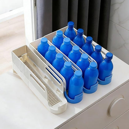 Space Efficient Sodas Can Rack Automatic Sliding Dispenser for Kitchens Counter or Fridge with Auto Replenish Feature Sliding Bottle Shelf