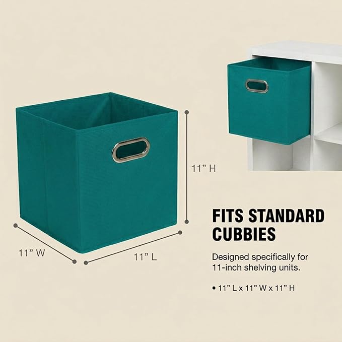 Household Essentials Fabric Storage Cubes 6 Pack – 11x11x11 Foldable Non-Woven Bins with Chipboard Sides & Grommet Handles – Stackable Cube Organizer for Closet, Nursery, Shelf, or Office – Aqua