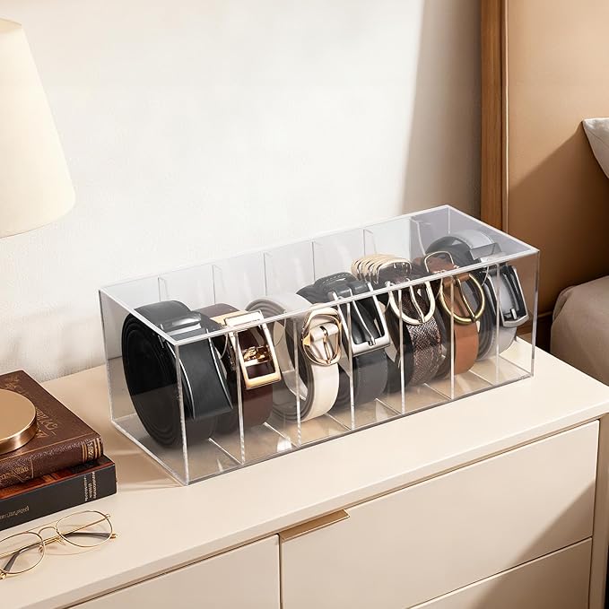 JASGOOD Belt Organizer for Closet,Acrylic 7 Compartments Storage Holder with Dust Cover Lid for Closet Drawer, Display Case for Belts, Ties, Watches, Jewelry and Accessories