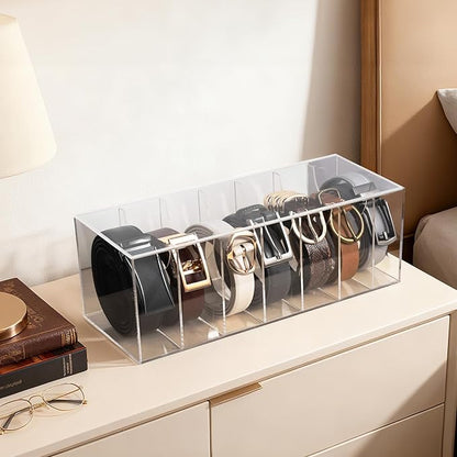 JASGOOD Belt Organizer for Closet,Acrylic 7 Compartments Storage Holder with Dust Cover Lid for Closet Drawer, Display Case for Belts, Ties, Watches, Jewelry and Accessories