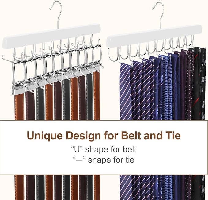 TOPIA HANGER 2 Pack 2 in 1 Belt Tie Hanger for Closet Max 60 Belts with 60 Ties Capacity, 40 Hooks Belt Tie Racks Wooden Hanger for Closet Organizer Storage “U” Fit Belt and “一” Fit Tie - CT52W