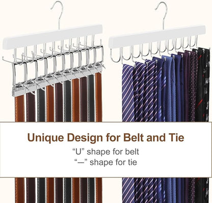 TOPIA HANGER 2 Pack 2 in 1 Belt Tie Hanger for Closet Max 60 Belts with 60 Ties Capacity, 40 Hooks Belt Tie Racks Wooden Hanger for Closet Organizer Storage “U” Fit Belt and “一” Fit Tie - CT52W