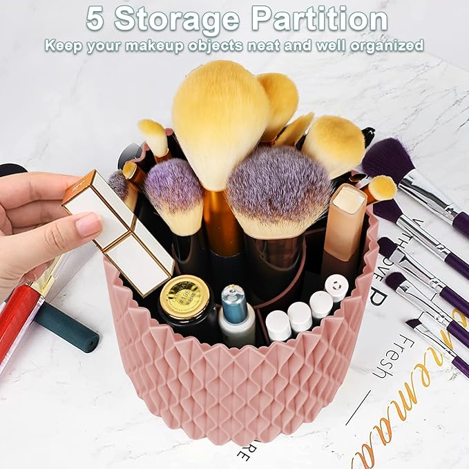 WAFJAMF Makeup Brush Holder 360 Rotating Cosmetics Holders Storage Cup for Vanity Desktop Bathroom Countertop 5 Slot Makeup Brushes Container - Classic Style - Pink