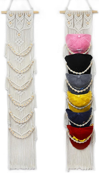 Halidali Hat Organizer for Baseball Caps, Hat Racks Cotton Rope Weaving Cap Stand, Handmade Macrame Hanging Hat Display Holder for Door Storage, Closet, Bedroom (Off-White, Set of 1)