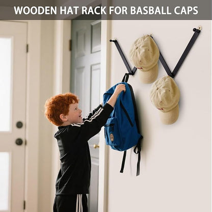 Qiannhee 2 Pack Wooden Hat Rack,Wall Mounted Expandable Cap Organizer with 5 Hooks,Solid Wood Hat Holder for Baseball Caps, Flexible Hanger for Entryway Bedroom Garage Decor (Black)