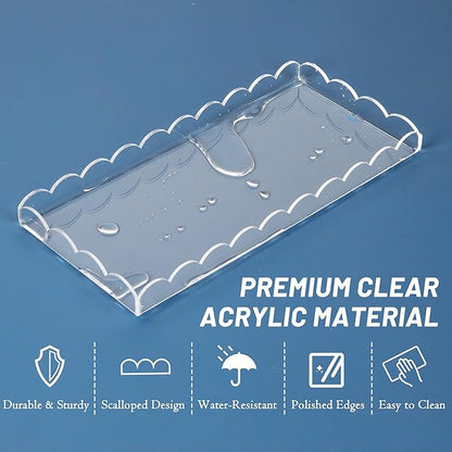 2 Pack Scalloped Acrylic Tray for Bathroom Clear Bathroom Trays for Counter Bathroom Toilet Tank Tray Organizer for Perfume, Soap, Towels, Tissue, Candle Decor Total 2PCS(Large: 11" L x 5" W, 2Pack)