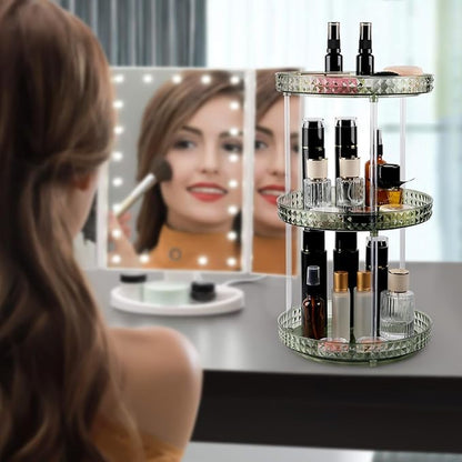 360 Clear Rotating Makeup Organize for Vanity,3 Tiers Lazy Susan with Diamond Pattern, Large-Capacity Skincare Organizers Cosmetic Display Case Organizer for Dresser (Vintage Green, 3Tiers)