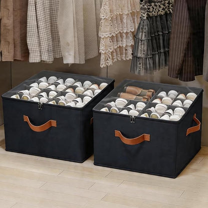 Fabric Shoe Organizer for Closet, 2 Pack Shoe Storage Organizer with Clear PVC Cover and Adjustable Dividers, Fits 16-32 Pairs – Shoe Organizer Box Foldable & Dustproof